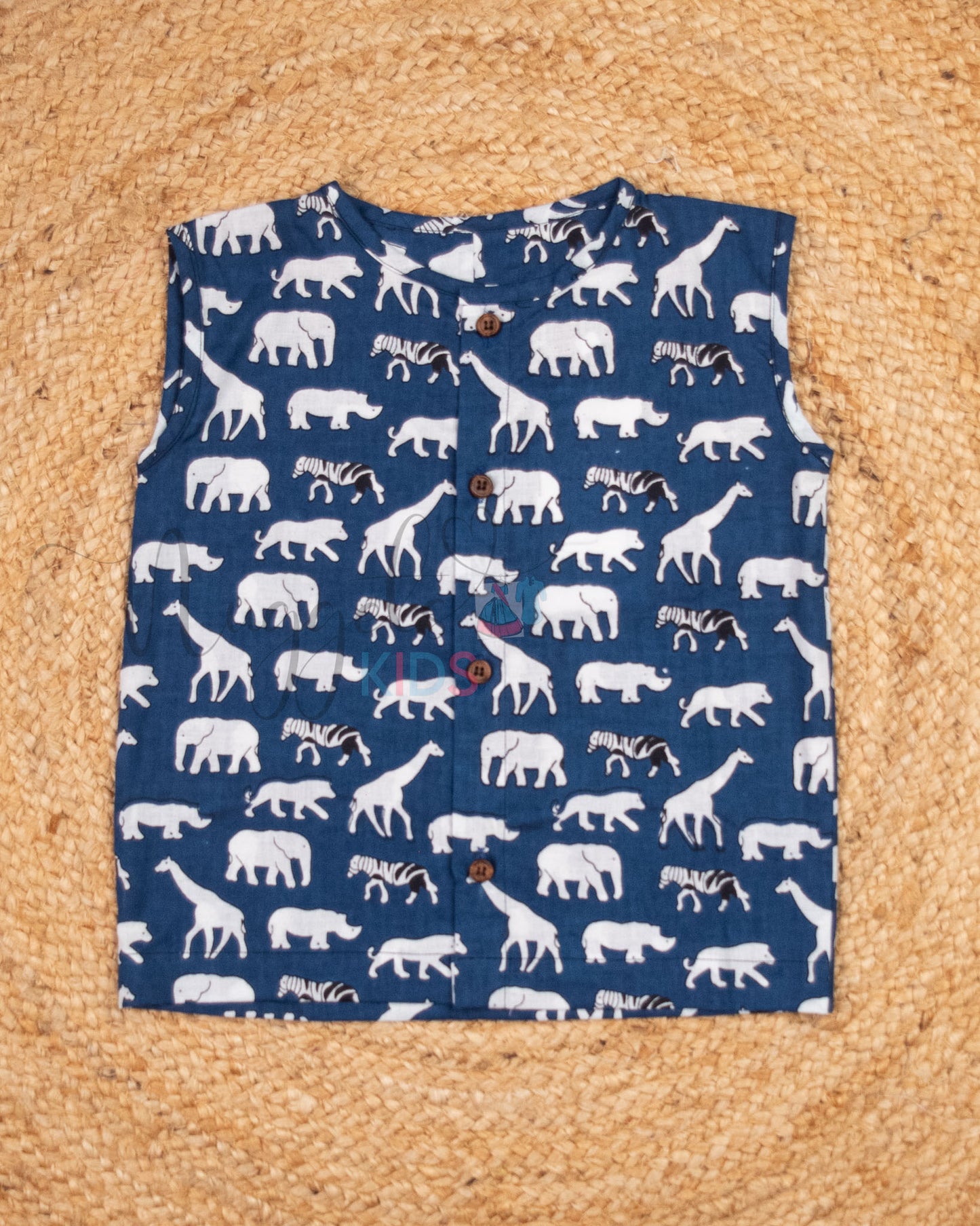 Ready to Ship: Blue Wild Animals Printed Pure Cotton Jhabla with Wooden Button Detailing