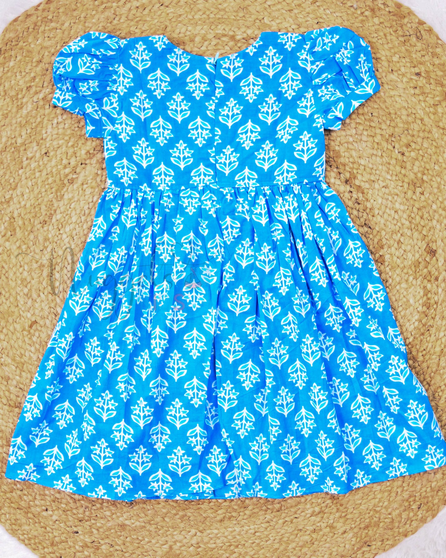 Ready to Ship: Sky Blue Cambric Cotton frock with Puff Sleeves