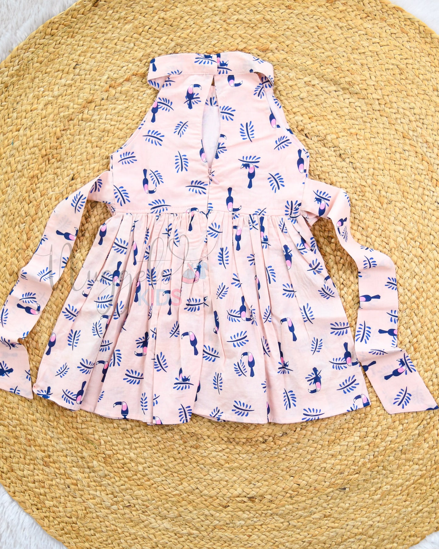 Ready to Ship: Bird Baby Pink Floral Halter neck Frock with Designer flap and Intricate pleats