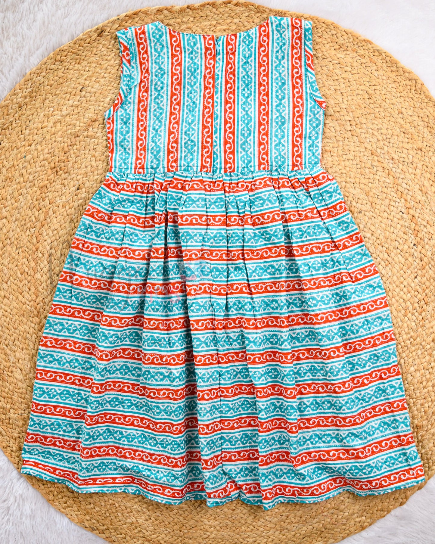 Ready to Ship: Teal And Orange Katha Cotton Frock with Peter Pan Collar And Bow Detailing