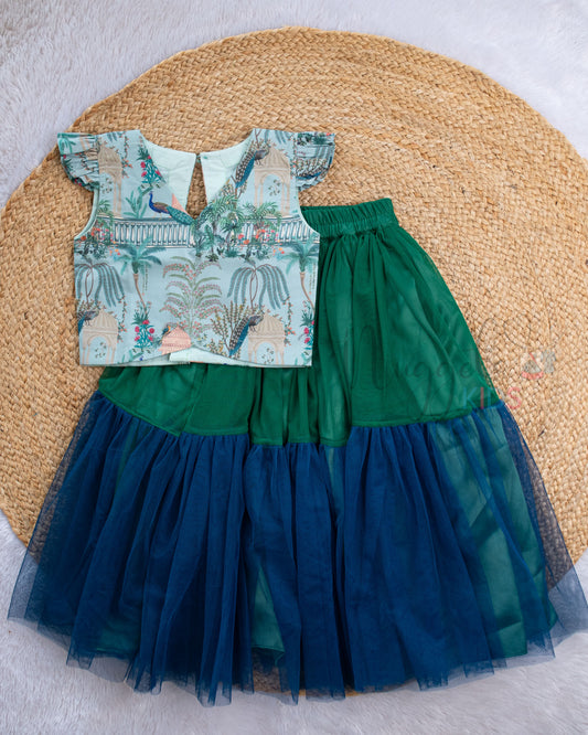 Pre Order: Teal Mughal Printed Poplin Top and Netted Two Tier Skirt