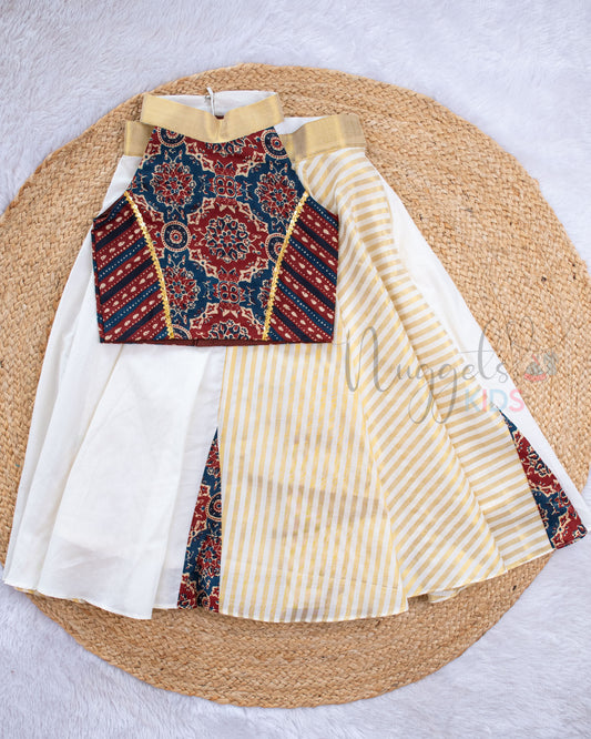 Pre Order: Ajrakh Halter Neck Top and Paneled Lehenga Skirt