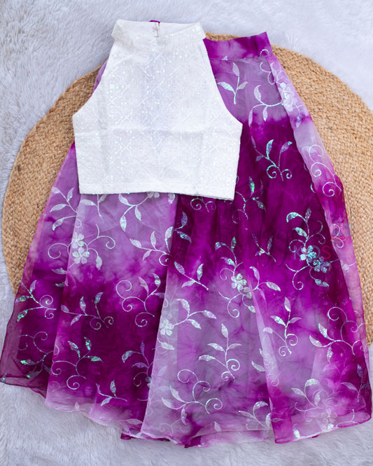 Pre Order: White Halter Top and Tie Dye Lehenga Skirt