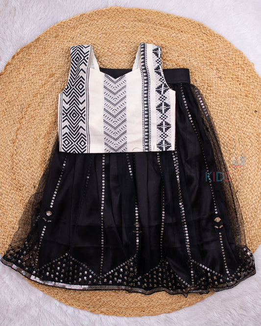 Pre Order: Black Handloom Cotton Top and Netted Skirt