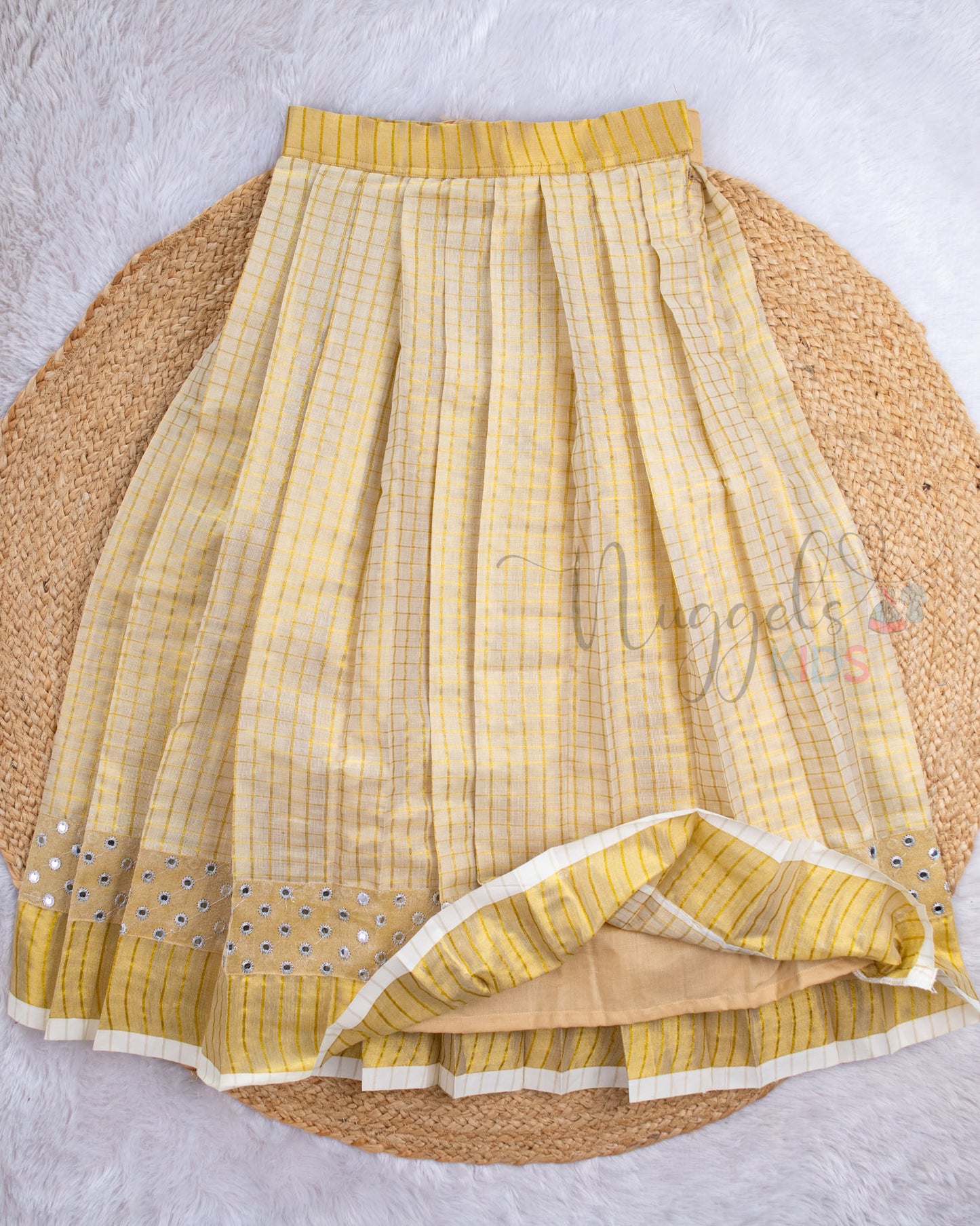 Pre Order: Golden Kasavu Lehenga Set with Puff Sleeves and Golden Mirror Patch