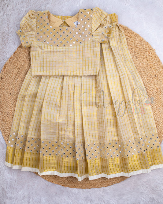 Pre Order: Golden Kasavu Lehenga Set with Puff Sleeves and Golden Mirror Patch