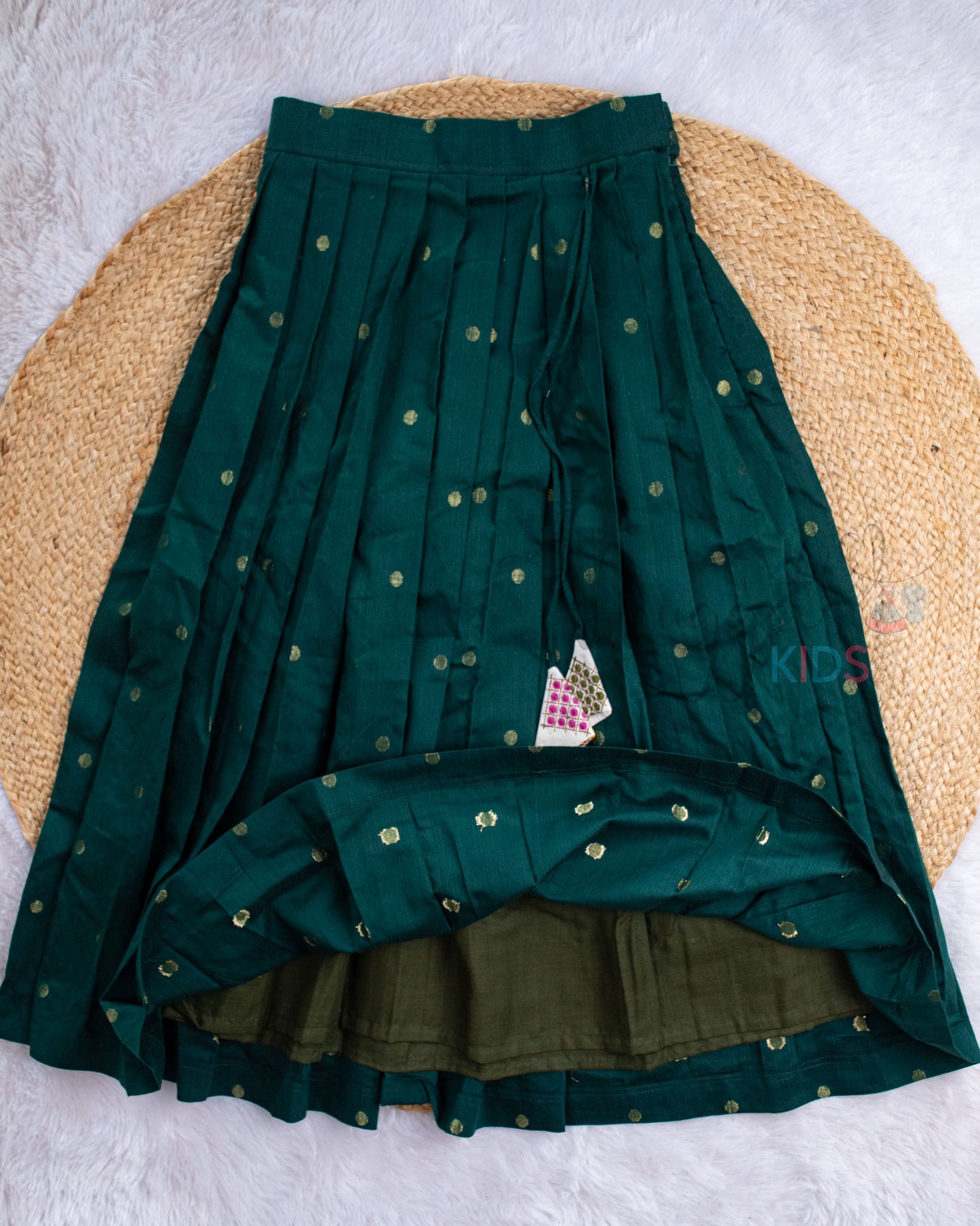 Pre Order: Bottle Green Raw Silk Lehenga Skirt & Kora Cotton Top