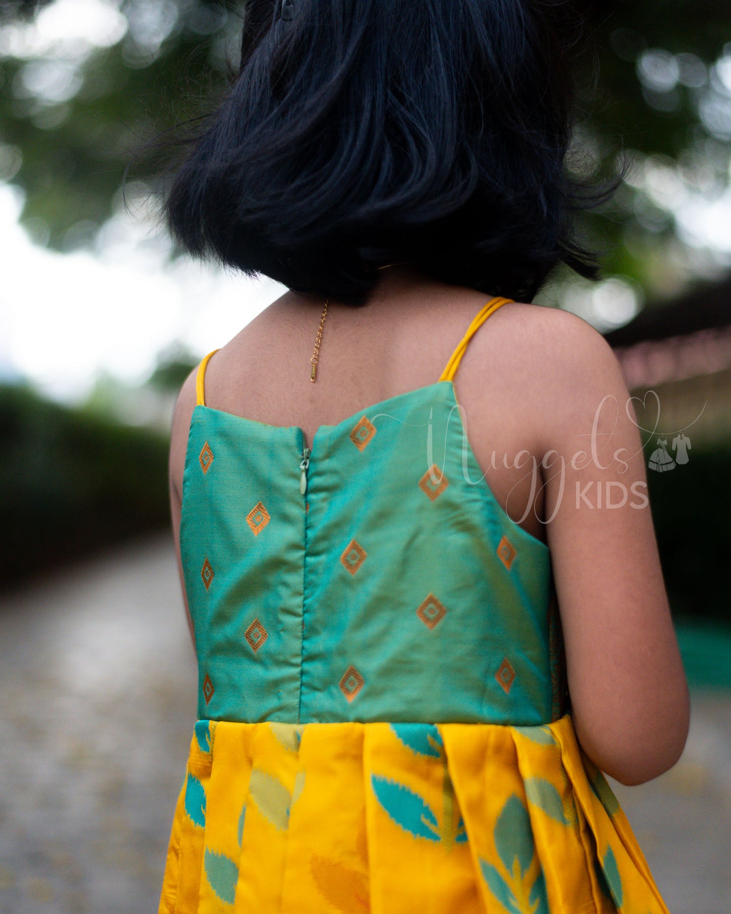 Ready to Ship: Yellow Ikkat Premium Kanchi Double layer Semi Silk Frock with Frill Detailing
