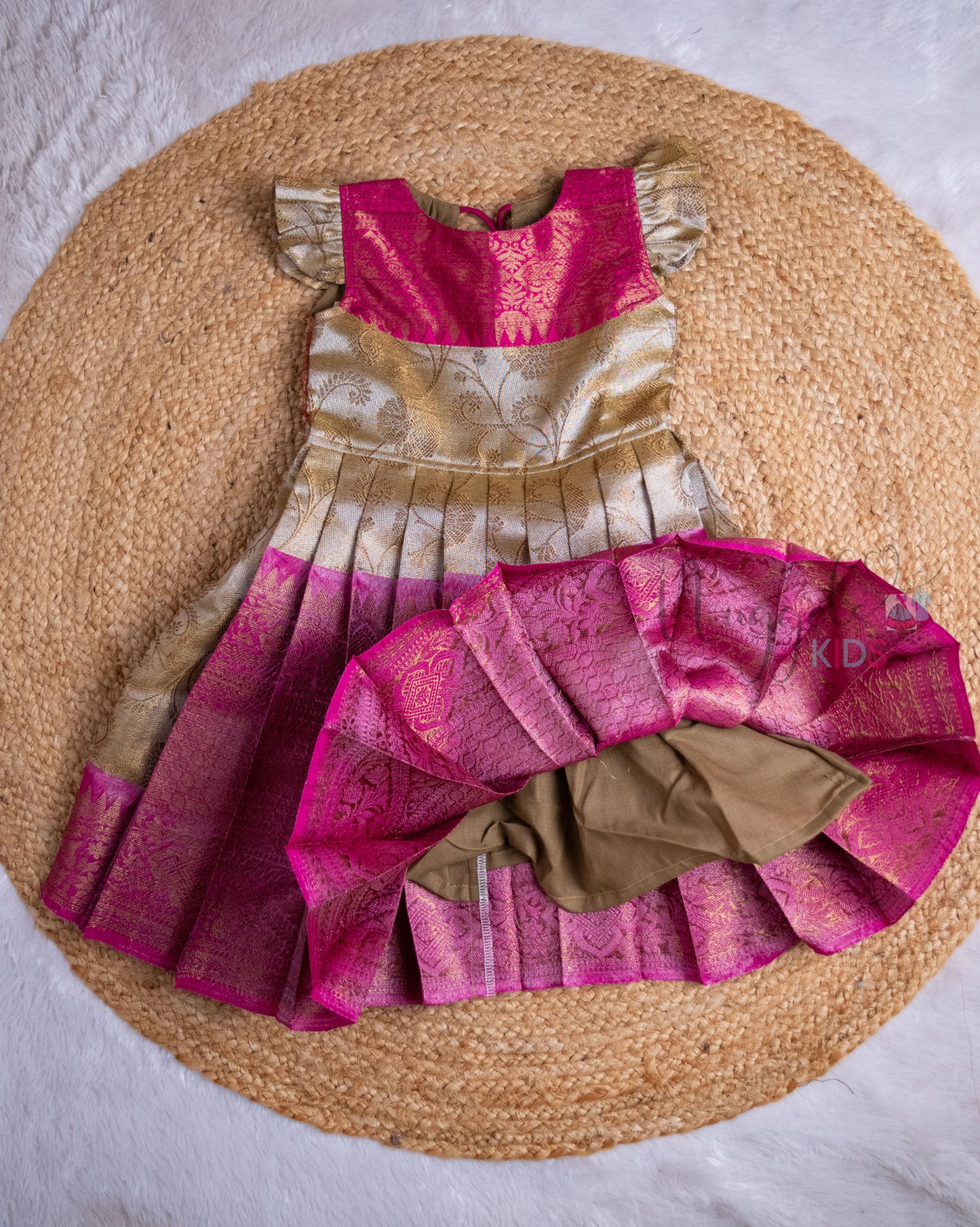 Ready to Ship: Grey And Pink Tissue Silk Frock With Ruffle Sleeves