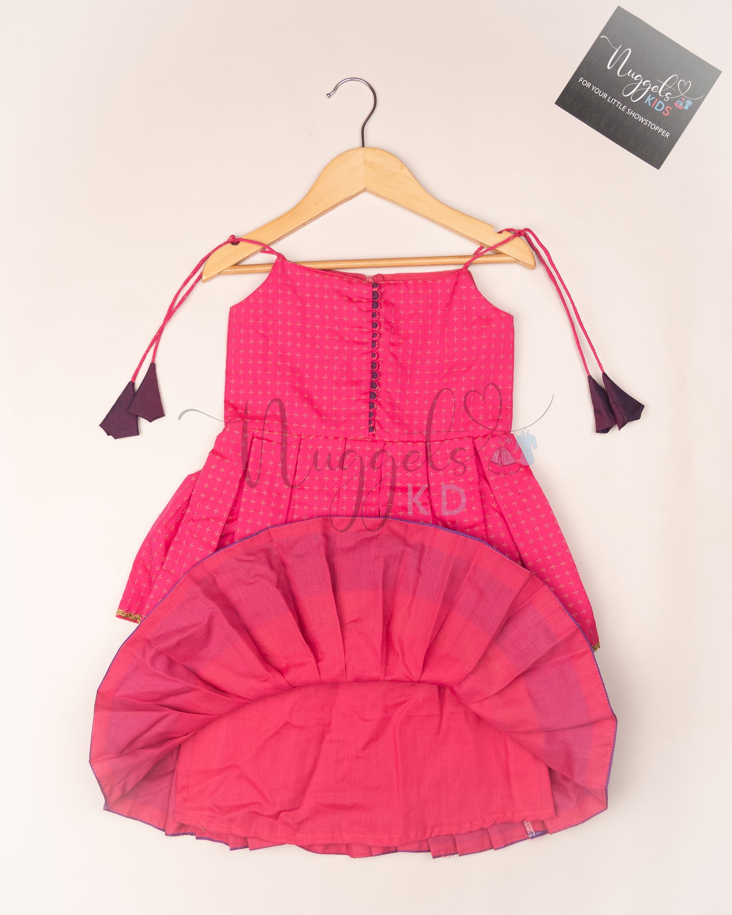 Ready to Ship: Candy Pink and Purple Two layered semi silk tie-up frock with potli buttons and lace detailing