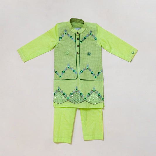 Pre Order: Embroidered Cotton Kurta with Attached Kota Jacket and Straight Pants