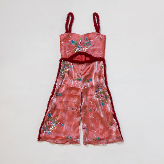 Pre Order: Red and peach glassy organza designer Jumpsuit