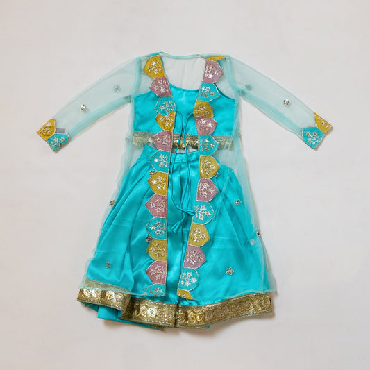 Pre Order: Turquoise Satin Lehenga Set with coat
