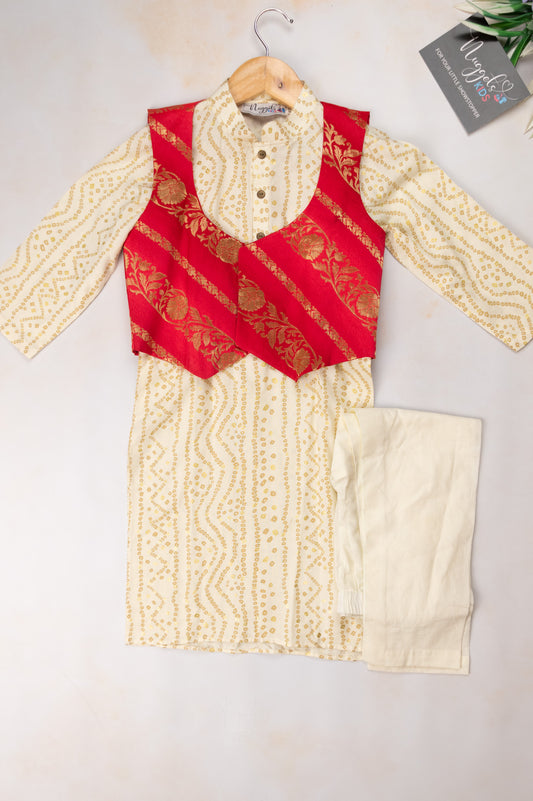 Pre Order: Offwhite Foil Kurta with Red Brocade Waist Coat and Straight Pant