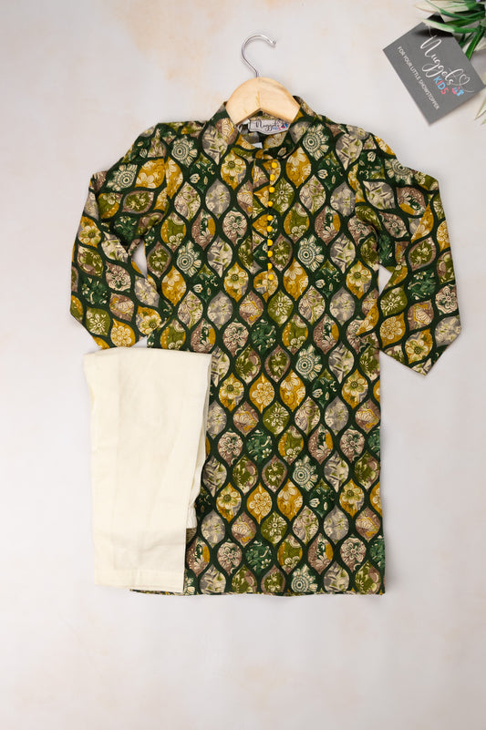 Pre Order: Printed Foil Rayon Kurta with Potli button detailing with Cotton pants