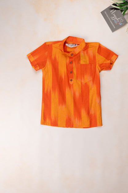 Ready to Ship: Orange Ikkat Short Kurta with wooden button detailing and short sleeves