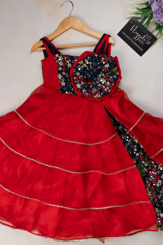 Pre Order: Blue and Red Full Flare Designer Three-layer Gown with Dramatic Flower