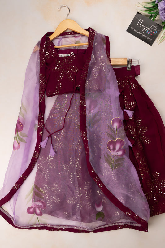 Pre Order: Jamun Georgette lehenga set with designer organza coat