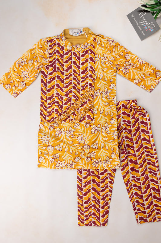 Pre Order: Yellow and maroon designer cotton kurta with Straight Pants