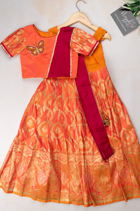 Pre Order: Pinkish Orange pavada and dhavani style butterfly aari top