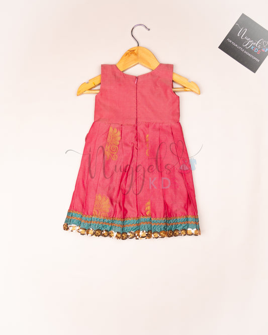 Ready to Ship: Soft Semi Silk Onion Pink frock with patch work yolk, potli button and patch work hem with lace detailing