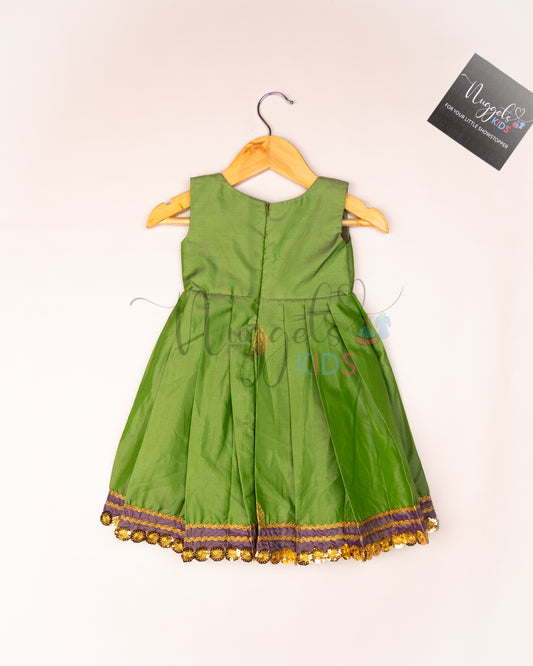 Ready to Ship: Olive Green Soft Semi Silk frock with patch work yolk, potli button and patch work hem with lace detailing