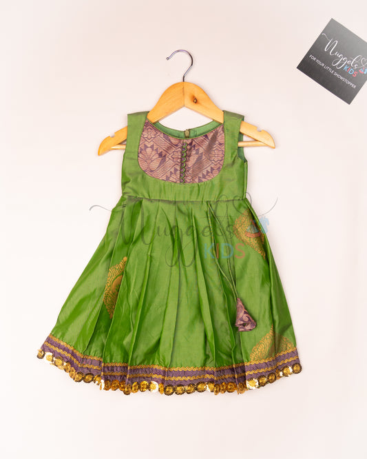 Ready to Ship: Olive Green Soft Semi Silk frock with patch work yolk, potli button and patch work hem with lace detailing