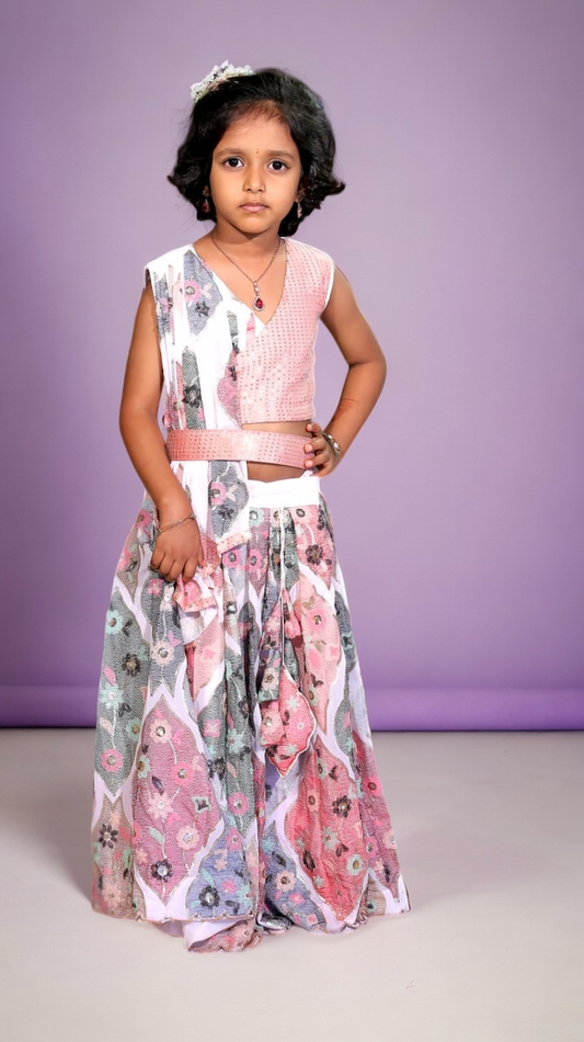 Pre Order: Baby pink embroidered lehenga, pleated flap designed choli and Tie up belt