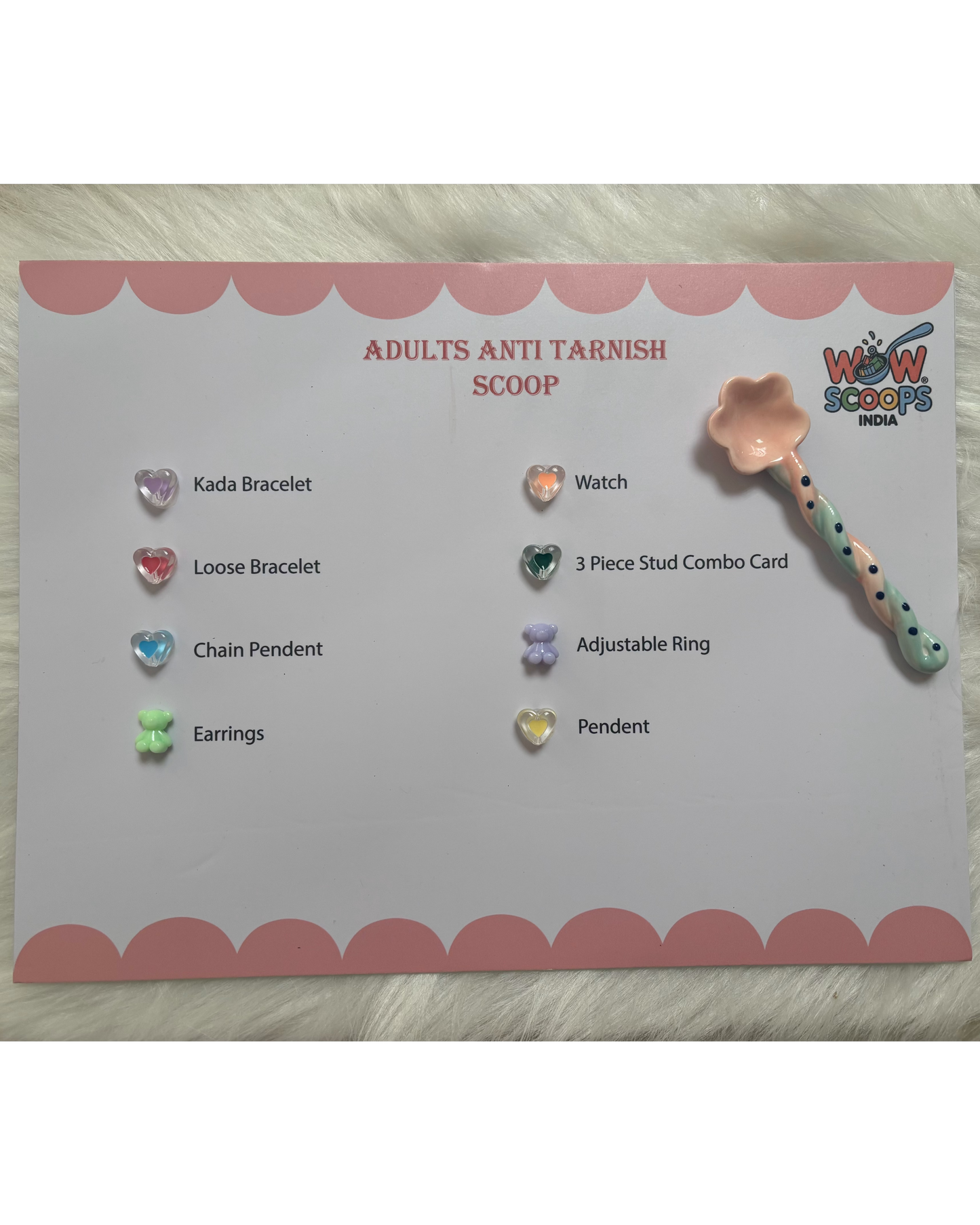 Product display card with jewelry items and 'Wow Scoops' branding on a textured surface.