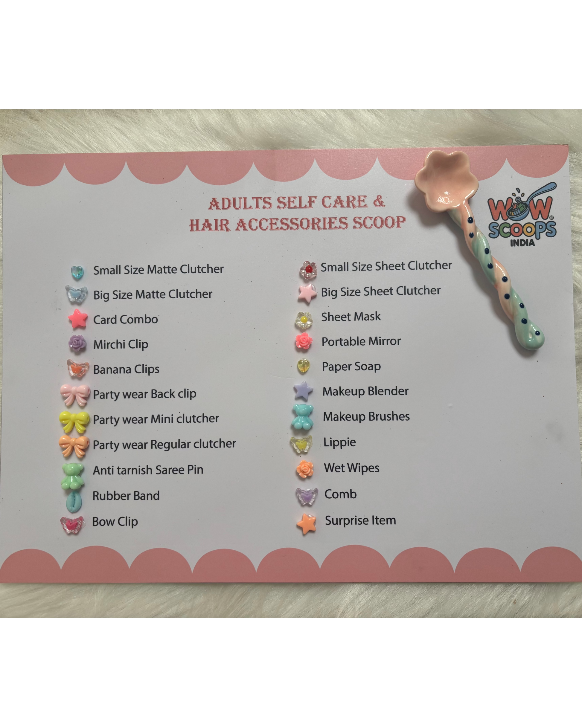 Product list for 'Adults Self Care & Hair Accessories Scoop' with a colorful scoop on a white background.
