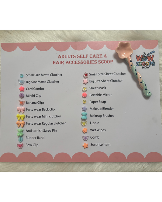 Product list for 'Adults Self Care & Hair Accessories Scoop' with a colorful scoop on a white background.