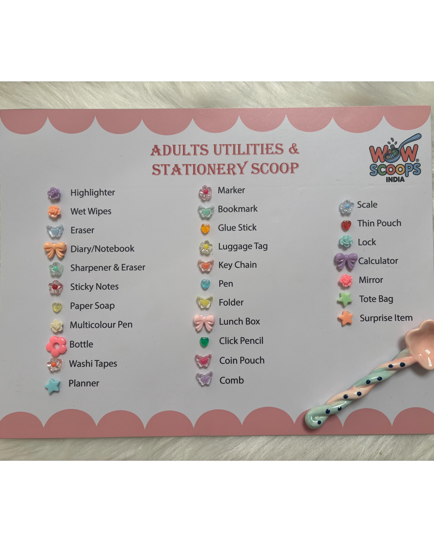 Product list card for 'Adults Utilities & Stationery Scoop' by Wow Scoops India on a light wooden surface.