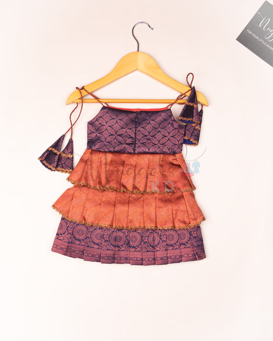 Ready to Ship: Copper and Blue Tri layered semi silk newborn tie up frock with all over copper and lavender zari and potli button detailing