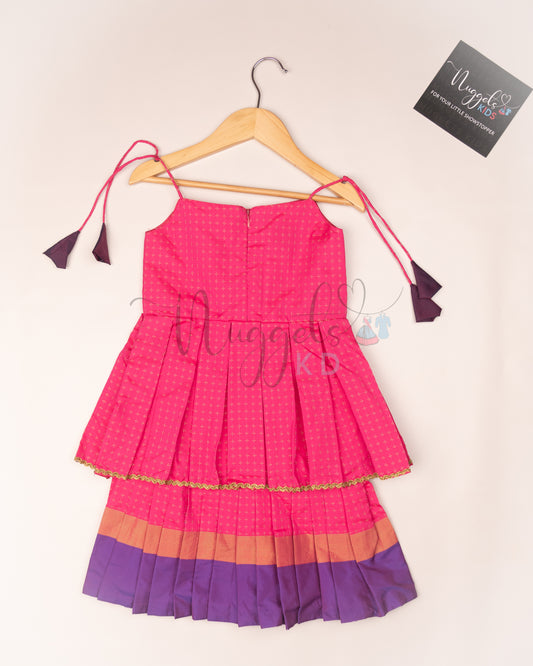 Ready to Ship: Candy Pink and Purple Two layered semi silk tie-up frock with potli buttons and lace detailing