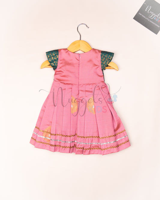 Ready to Ship: Baby Pink and Green Soft Semi Silk frock with designer Angrakha yoke, pleated cap sleeves and lace detailing