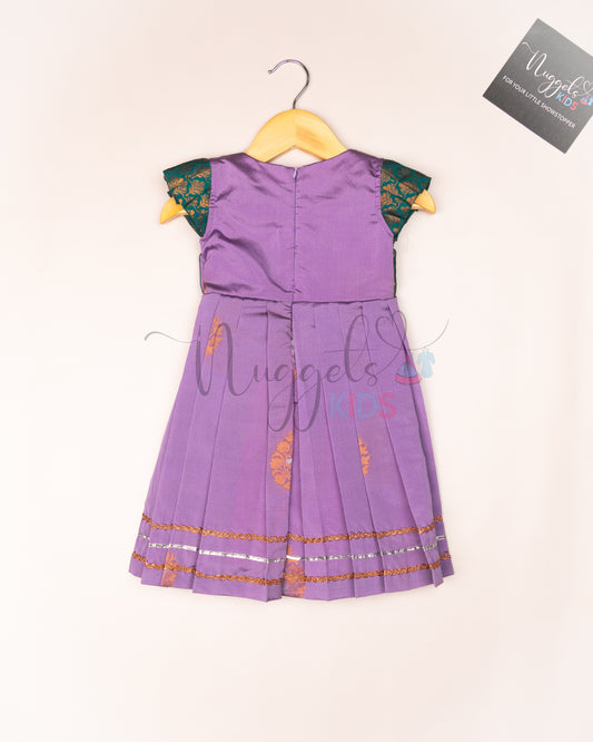 Ready to Ship: Lavender and Green Soft Semi Silk frock with designer Angrakha yoke, pleated cap sleeves and lace detailing