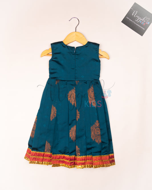 Ready to Ship: Peacock Blue Semi Silk frock with patch work yoke and patch work hem with lace detailing