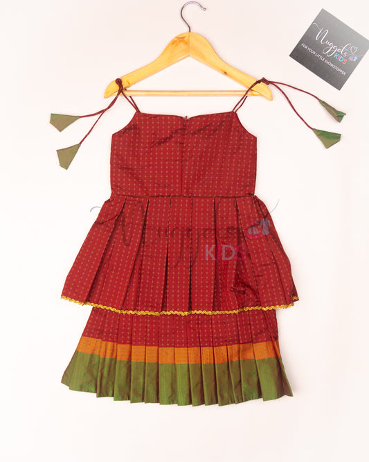 Ready to Ship: Red and Green Two layered semi silk tie-up frock with potli buttons and lace detailing