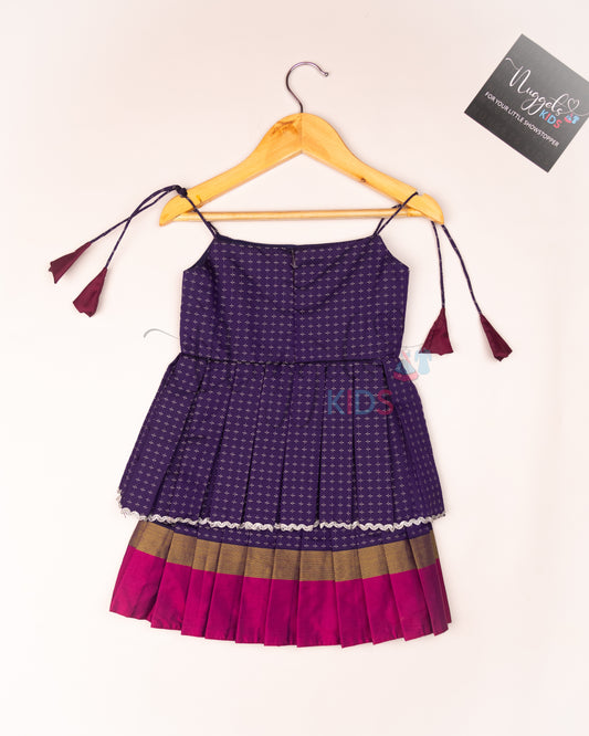 Ready to Ship: Ink Blue and Pink Two layered semi silk tie-up frock with potli buttons and lace detailing