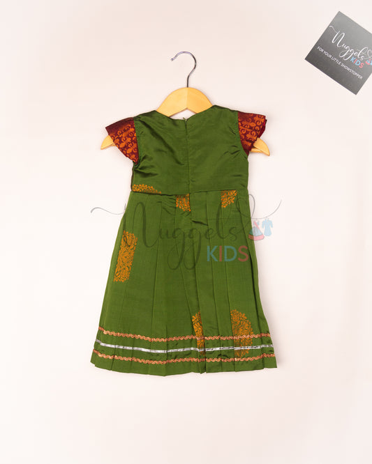 Ready to Ship: Green and Maroon Soft Semi Silk frock with designer Angrakha yoke, pleated cap sleeves and lace detailing