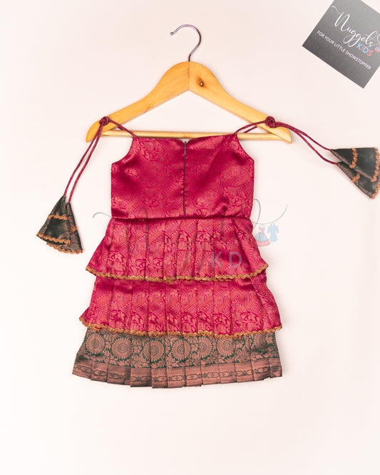 Ready to Ship: Pink and Green Tri layered semi silk newborn tie up frock with all over copper and lavender zari and bow detailing