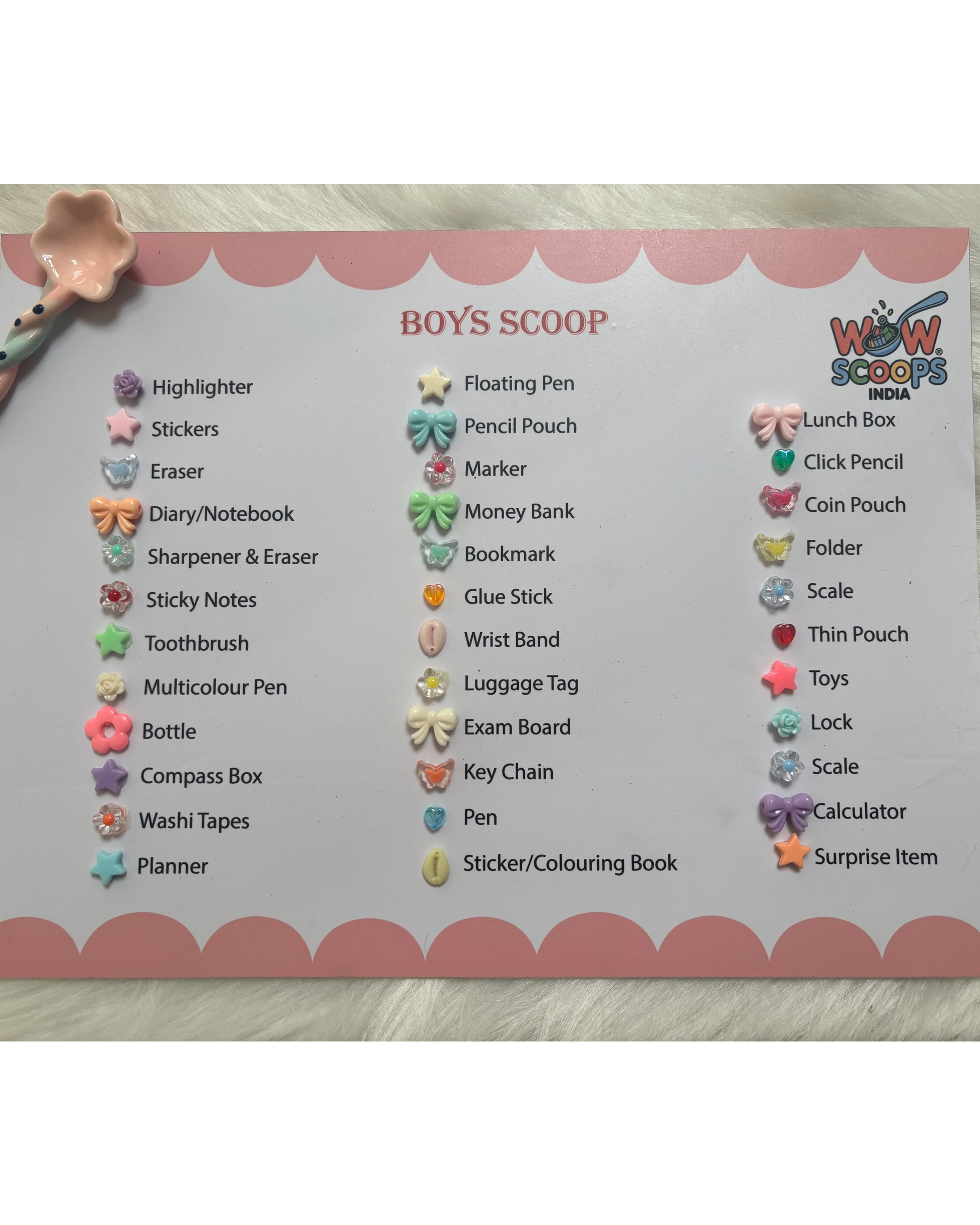 Boy's Scoop checklist with various stationery items on a light wooden surface