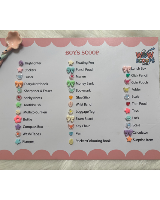 Boy's Scoop checklist with various stationery items on a light wooden surface