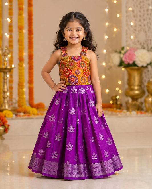 Ready to Ship: Yellow Kim Khab Scallop Sleeveless Top And Deep Purple Banarasi Lehenga