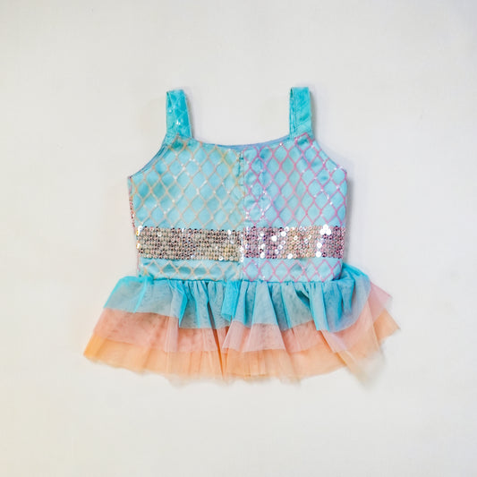 Pre Order: Stylish Pastel Tri-color Lehenga with Ruffled Top and Ruffled Dupatta