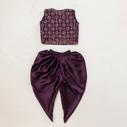 Pre Order: Wine Sequined Top Set with Dhoti Pants & Designer Jacket
