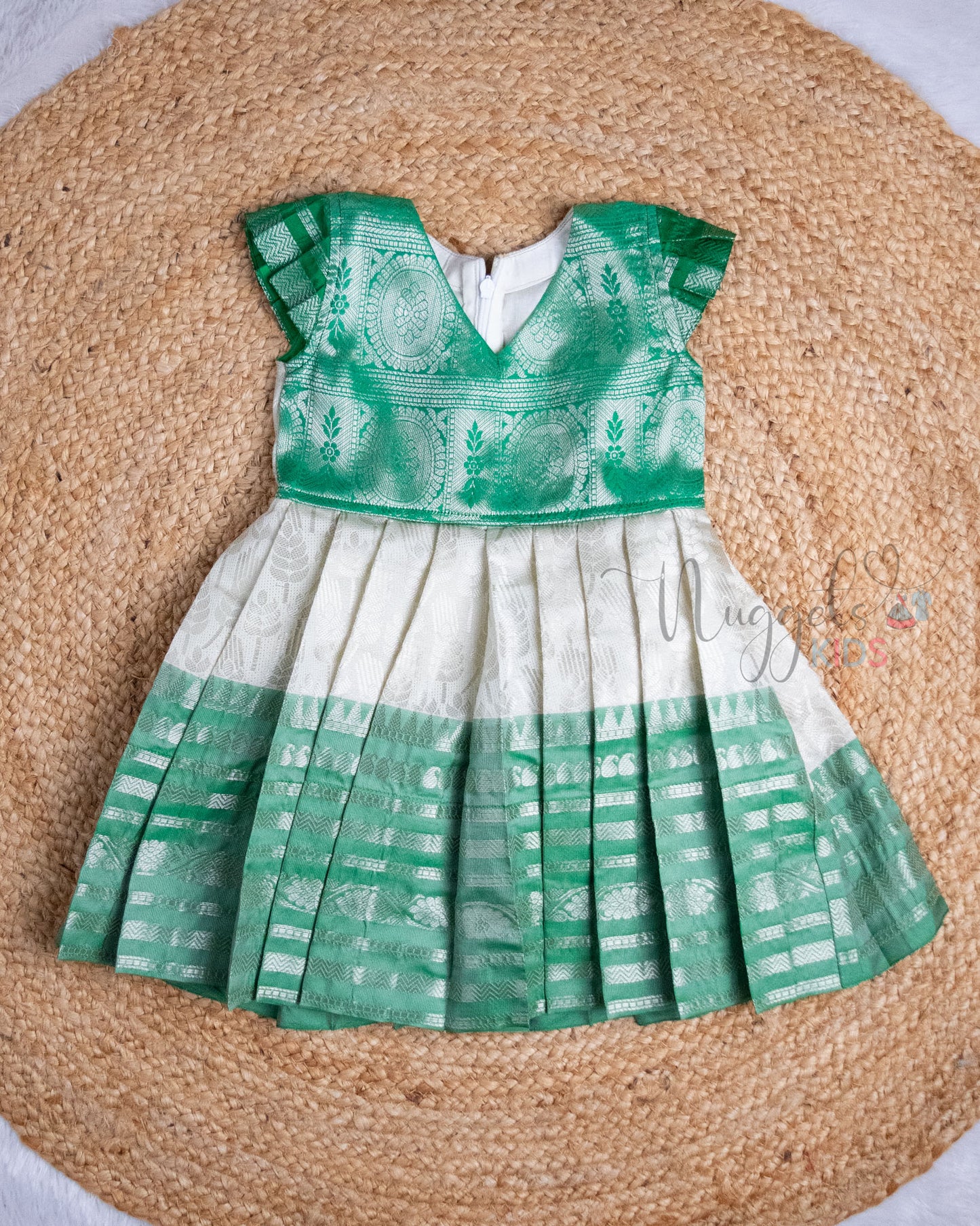Ready to Ship: Offwhite And Green Tissue Silk Frock With Pleated Cap Sleeves