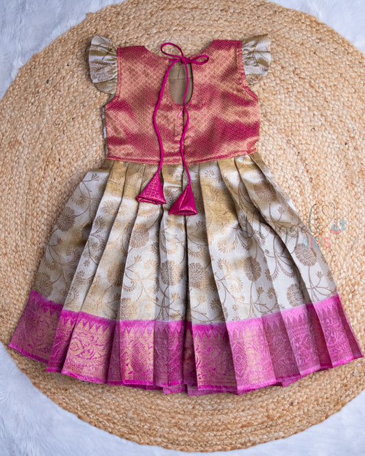 Ready to Ship: Grey And Pink Tissue Silk Frock With Ruffle Sleeves