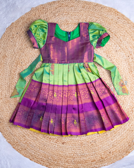 Ready to Ship: Green And Purple Premium Kanchi Frock With Puff Sleeves