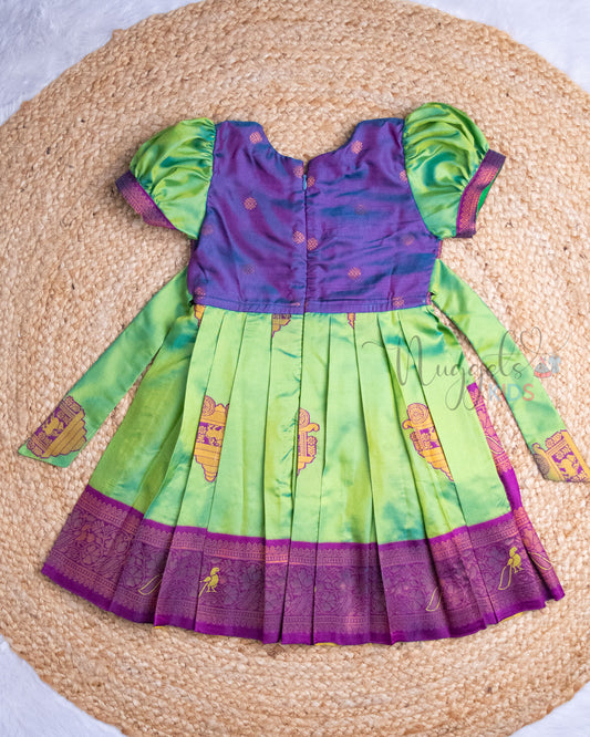 Ready to Ship: Green And Purple Premium Kanchi Frock With Puff Sleeves